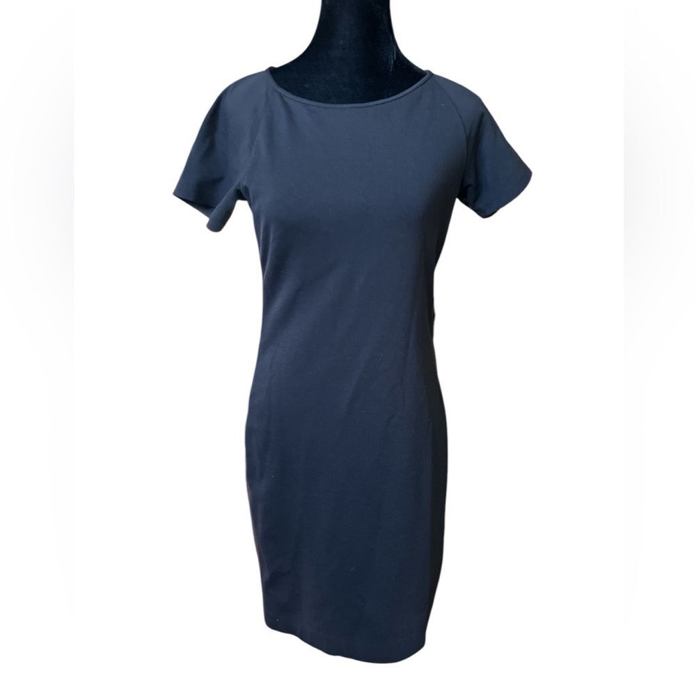 Theory Little Black Dress Size 4 Stretch Cotton with Genuine Leather Luxury - Picture 2 of 6